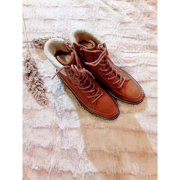 Violet & Red Womens Alexa Fleece Lined Lug Sole Leather Combat Boots 8.5 Cognac - Picture 3 of 8